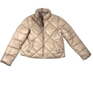 Time & Tru Women's Puffer Jacket Medium (8-10) Quilted Beige Full Zip Winter